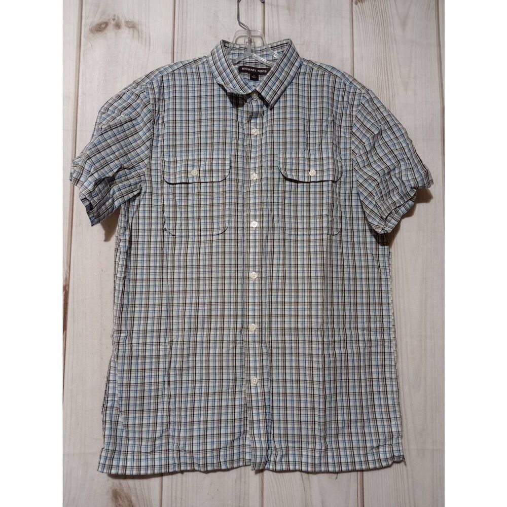 Michael Kors Mens Blue Grey Plaid Short Sleeve Button Down Shirt Size M Cotton